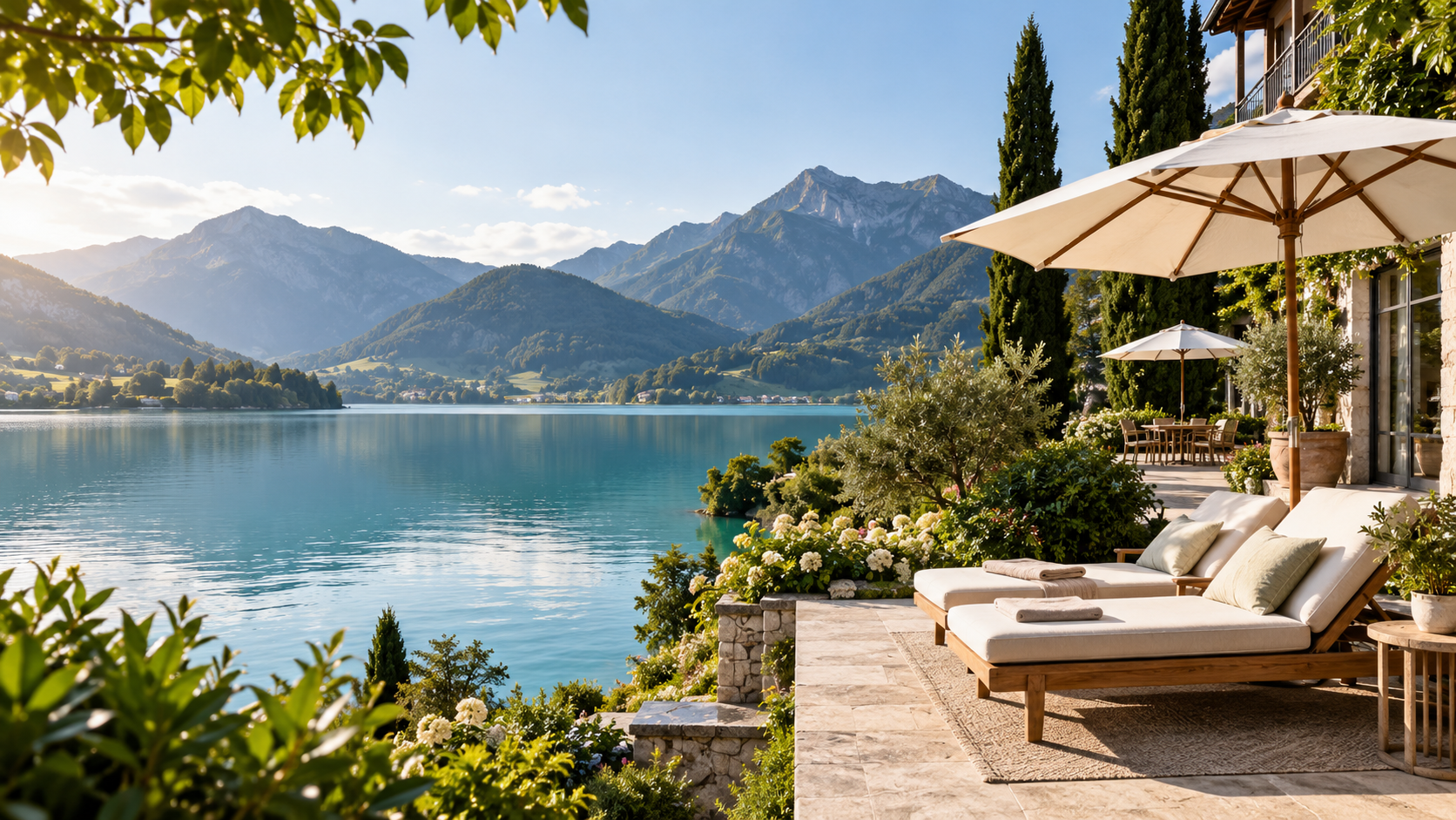 Hotelterrasse an einem See in den Bergen